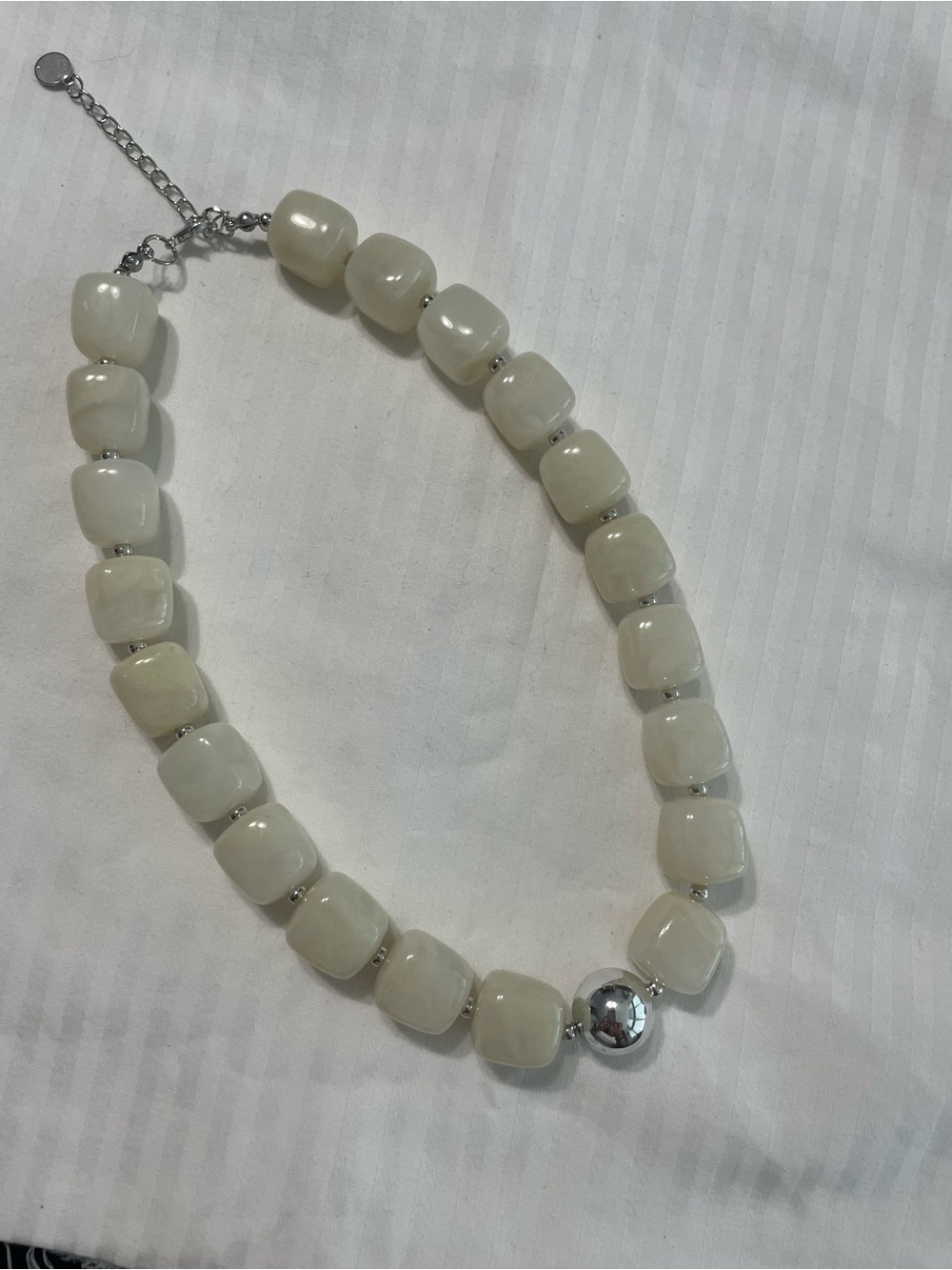 Chunky White Beaded Necklace with Silver Accent